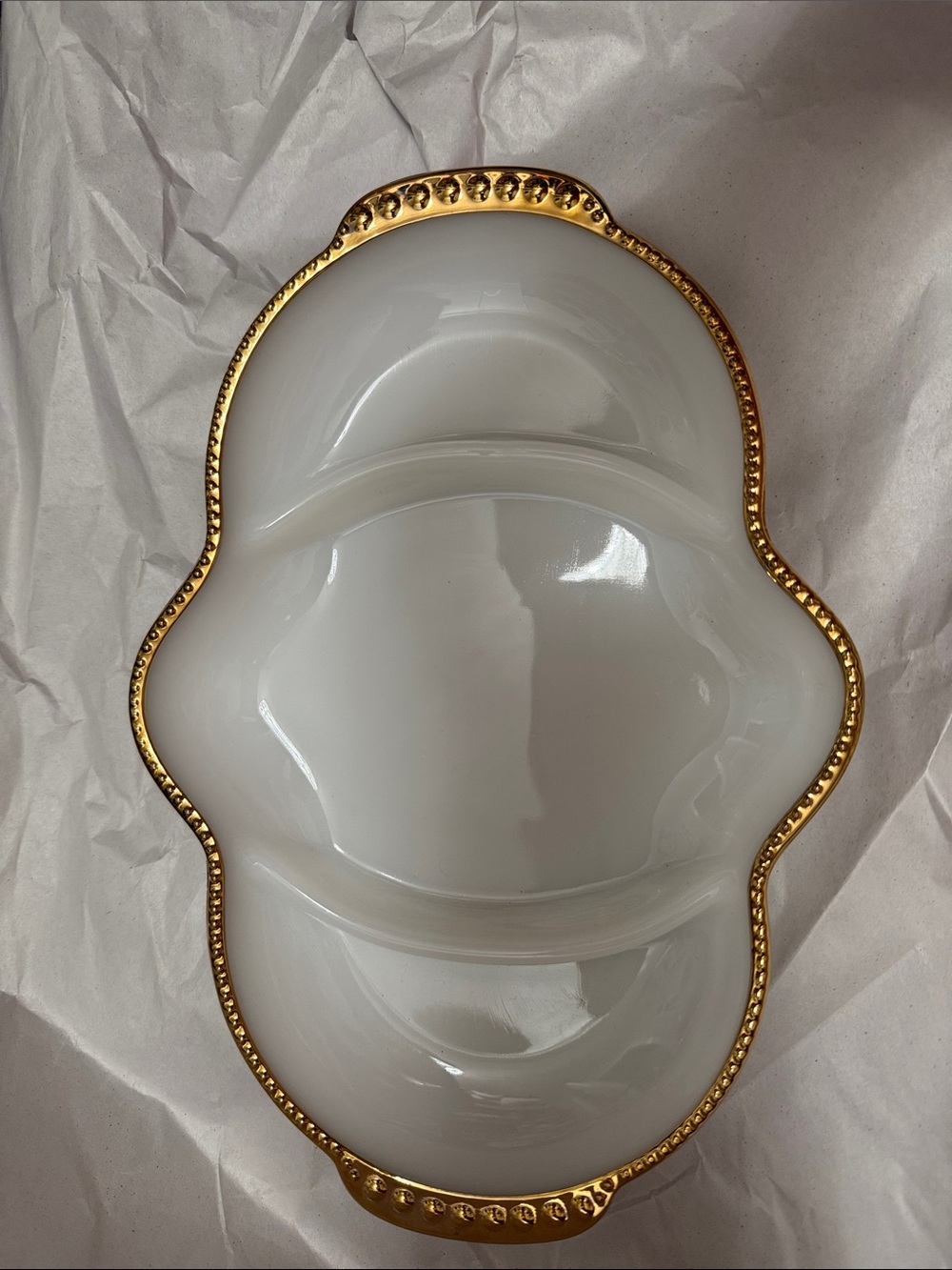 Fire King White Divided Serving Dish with Gold Beaded Rim